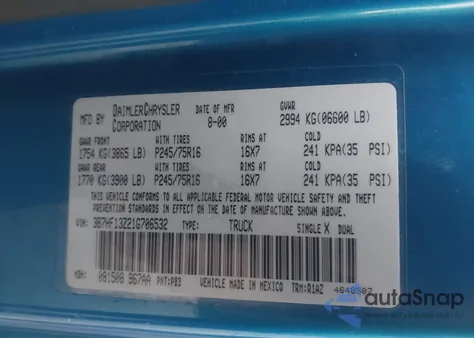 2001 Dodge Ram 1500 St z USA, uszkodzony, nr VIN 3B7HF13Z21G706532